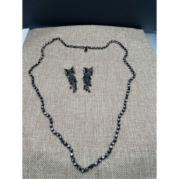 Bundle Set Ann Taylor Rhinestone Black Necklace with Bow Matching Earrings Vinta - Picture 15 of 15